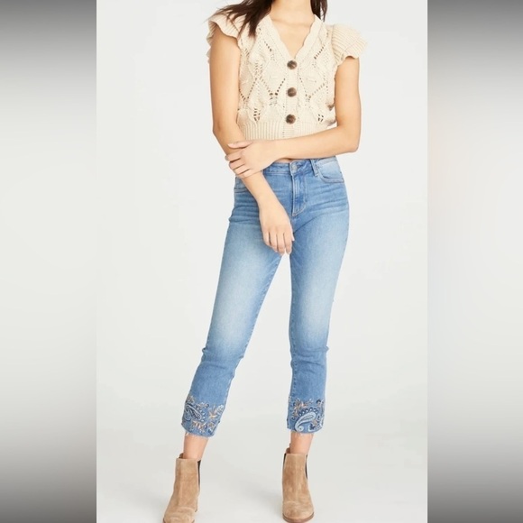 Driftwood Floral Paisley Embroidered Colette Straight Jeans Raw Fray Hem Size 25 - Picture 2 of 9